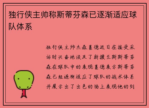 独行侠主帅称斯蒂芬森已逐渐适应球队体系