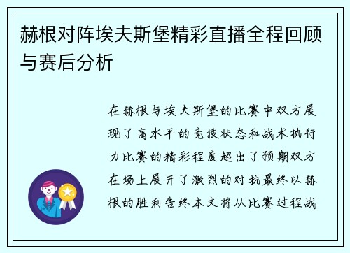 赫根对阵埃夫斯堡精彩直播全程回顾与赛后分析
